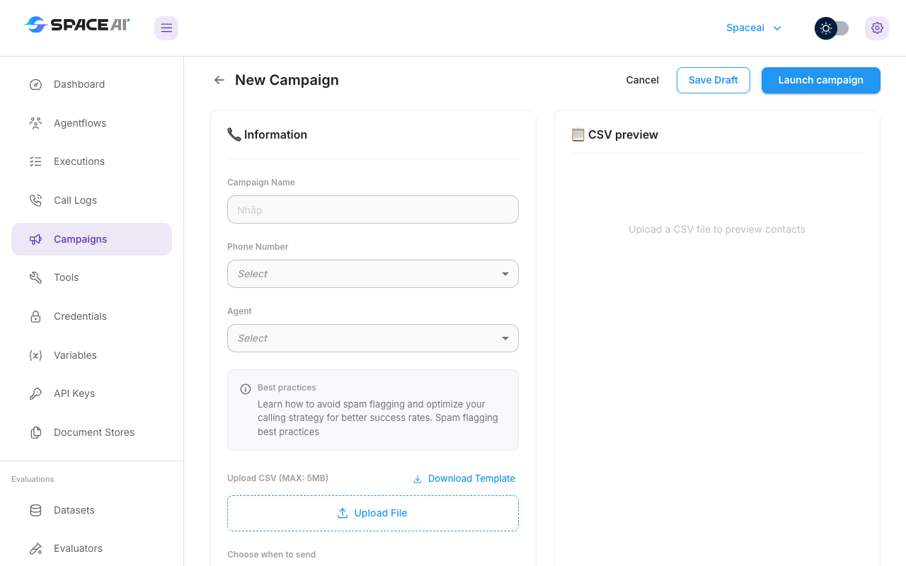 Giao diện khởi tạo Outbound Campaign trên console.spaceai.vn